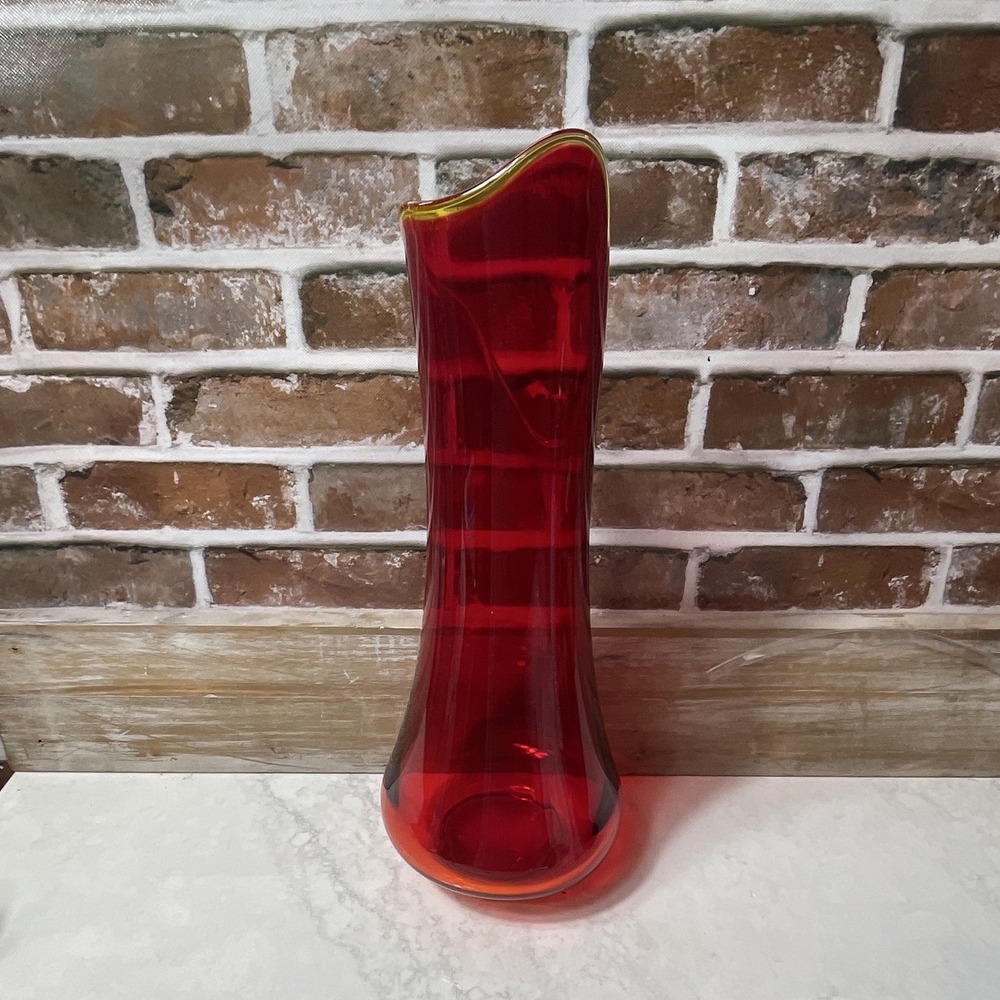 Red Art Glass Vase Amber Ruffled Rim 17" Tall 4" Wide Decorative Centerpiece - Picture 6 of 11